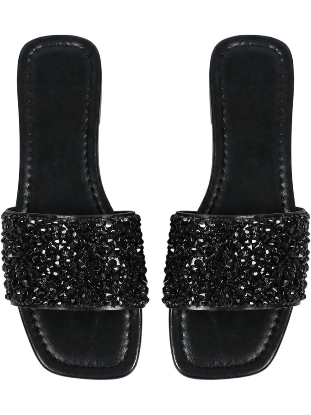 Women's Solid Black Sparkly Rhinestone Sandal Pearl Boho Summer Square Toe Shoes
